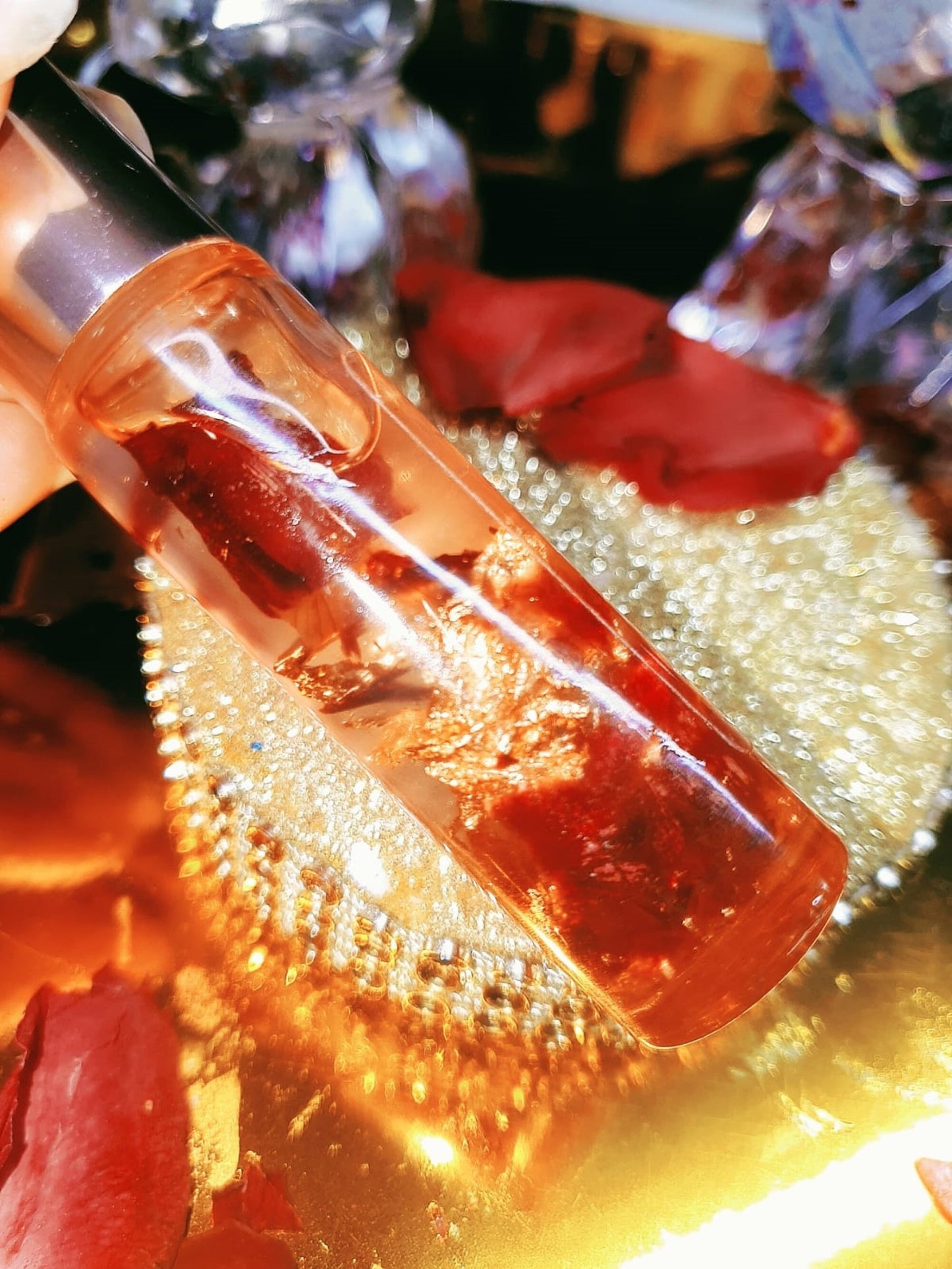 Transparent Lip Oil with Dry Rose Petals and Gold Sheet Flakes by DOLA