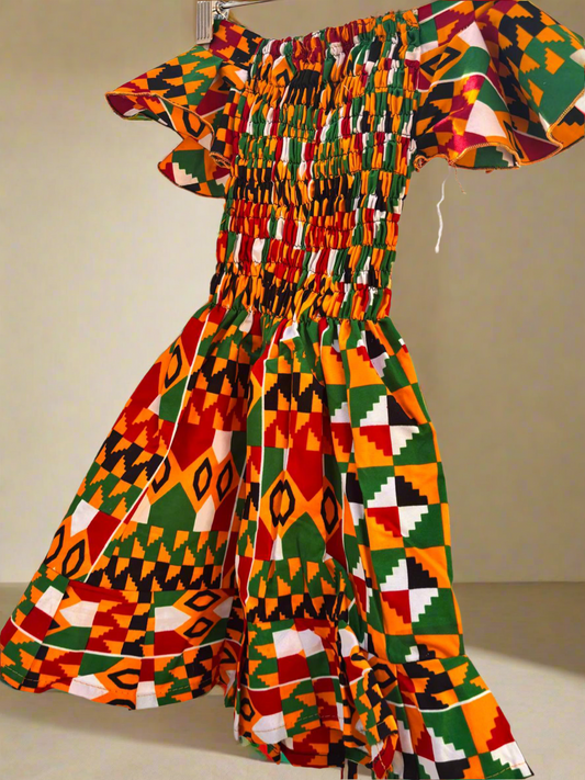 Kente Off-Shoulder Smocked Dress for Girls (Ages 3–5) | DOLA Soft
