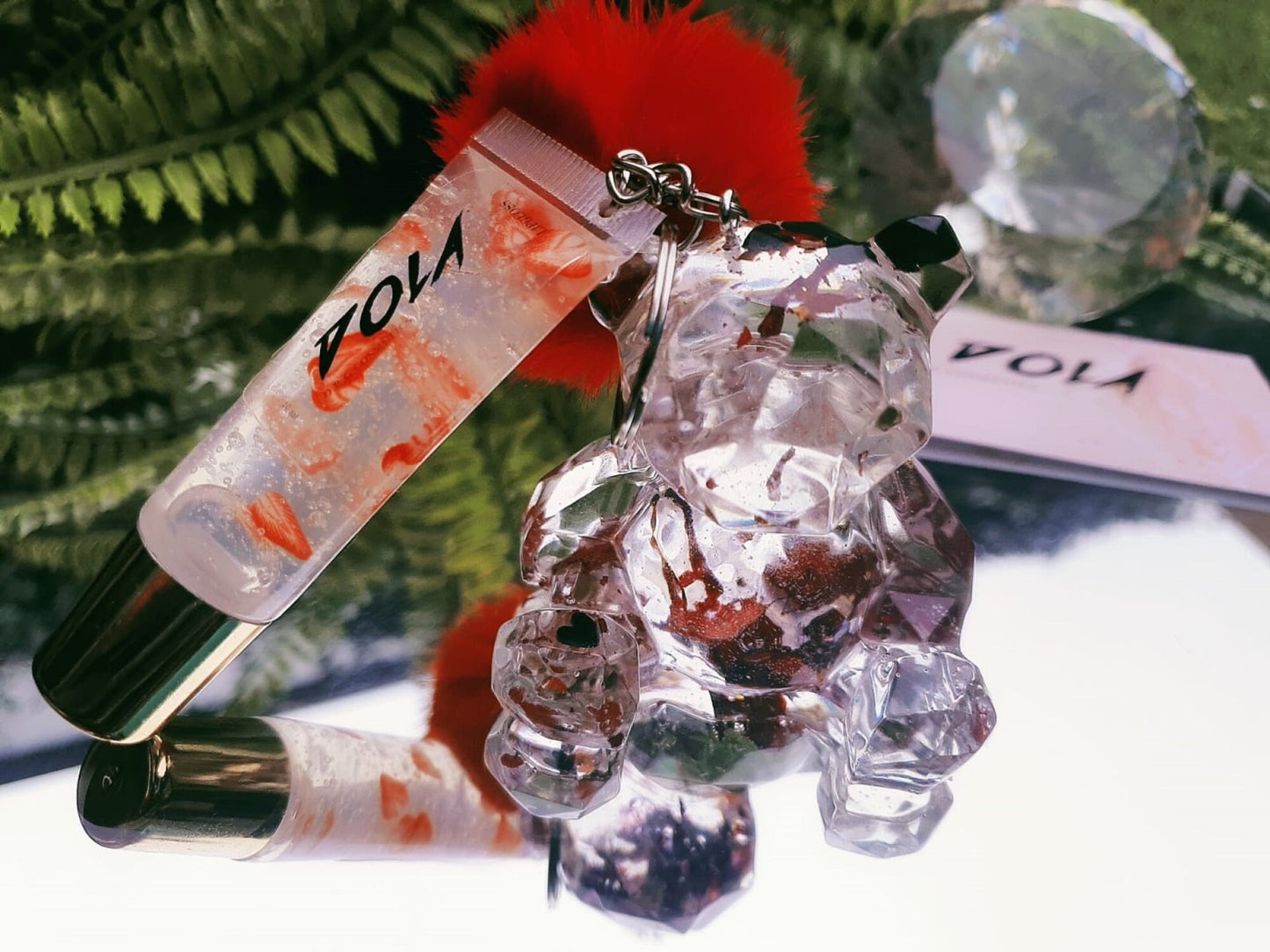 Cute Resin Teddy Bear Keychain with Faux Fur Pompom and Transparent Lipgloss by DOLA
