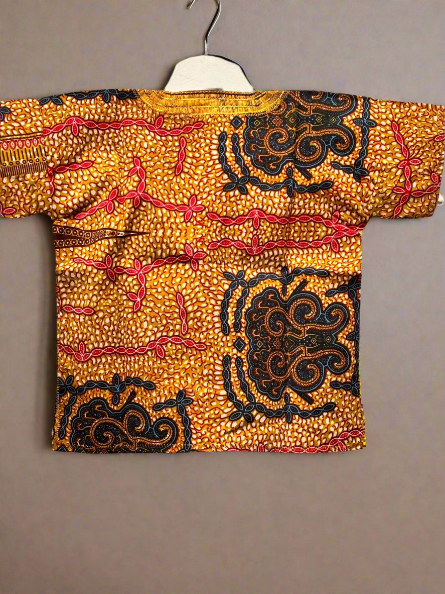 Boys African Ankara Two-Piece Set – Golden & Black Booboo Shirt & Shorts | Ages 2–4 | DOLA Soft