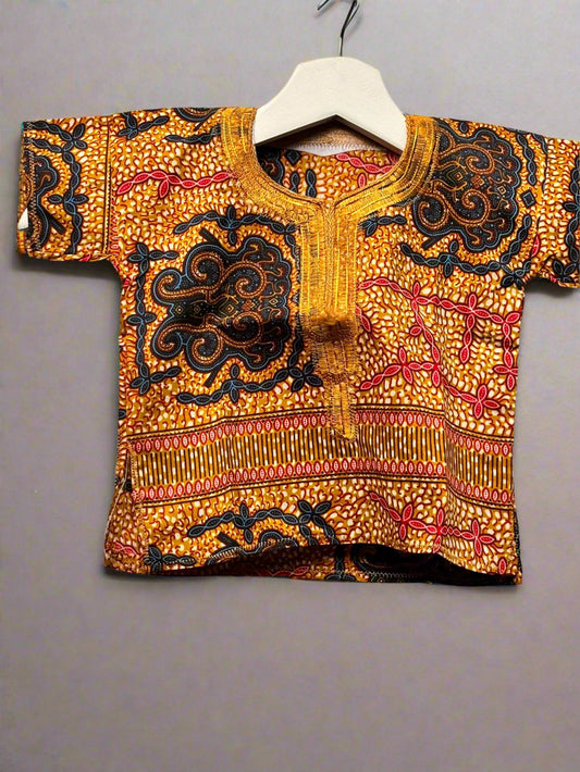 Boys African Ankara Two-Piece Set – Golden & Black Booboo Shirt & Shorts | Ages 2–4 | DOLA Soft