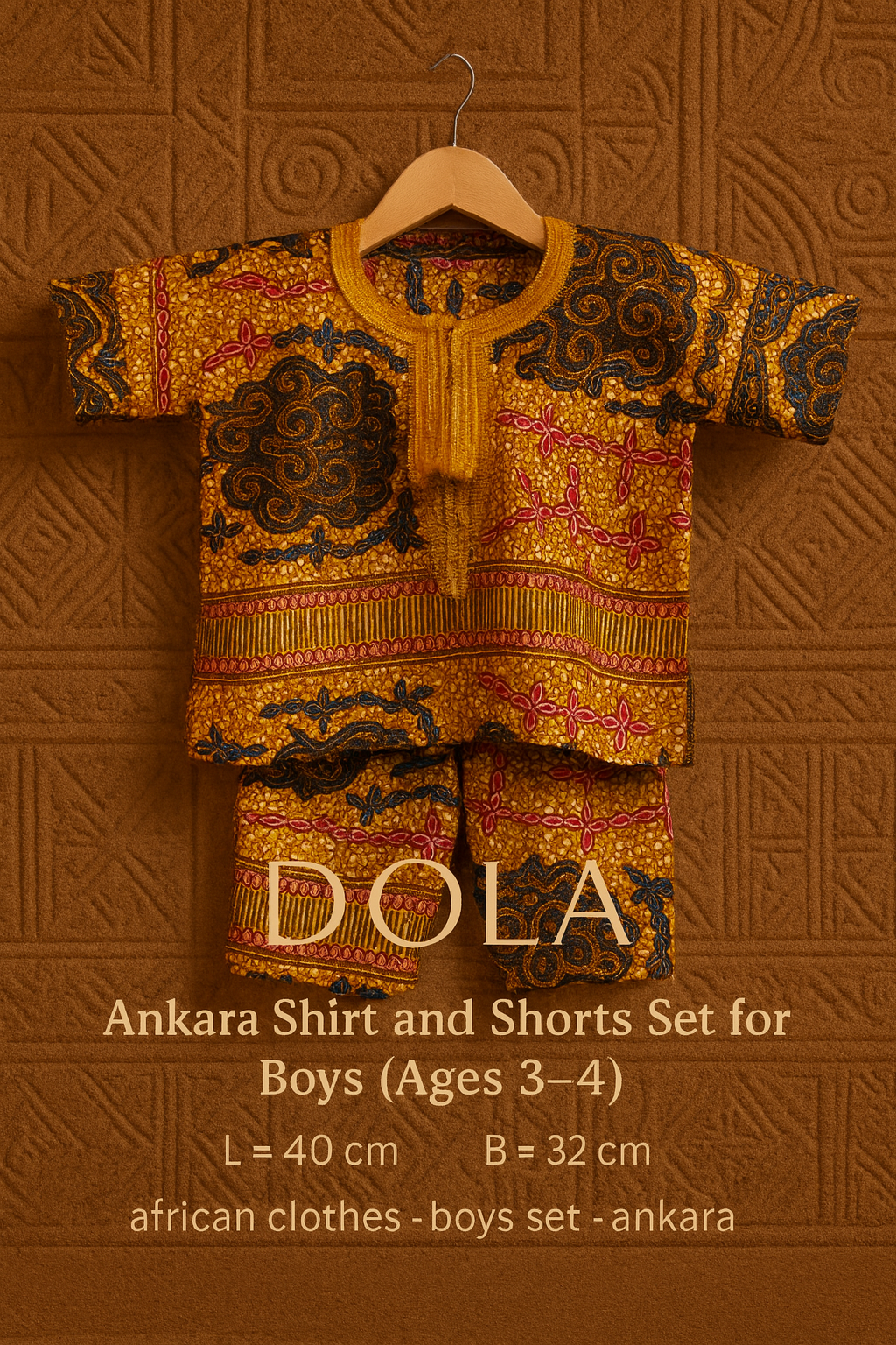 Boys African Ankara Two-Piece Set – Golden & Black Booboo Shirt & Shorts | Ages 2–4 | DOLA Soft