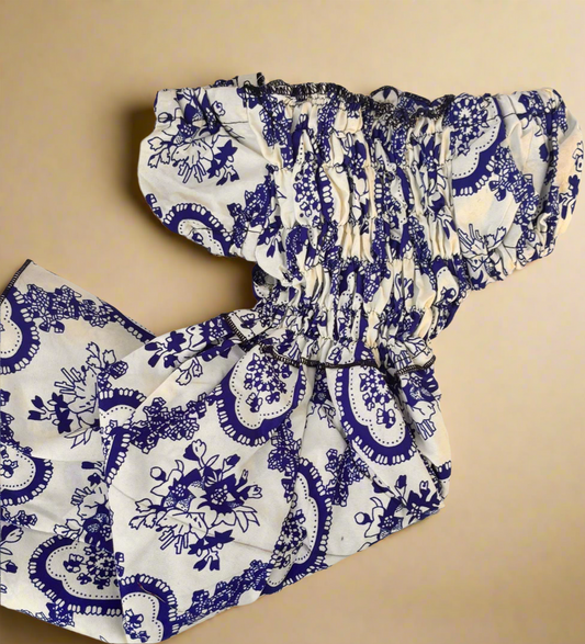 Blue & White Floral Smocked Dress for Girls (Ages 3–5) | DOLA Soft