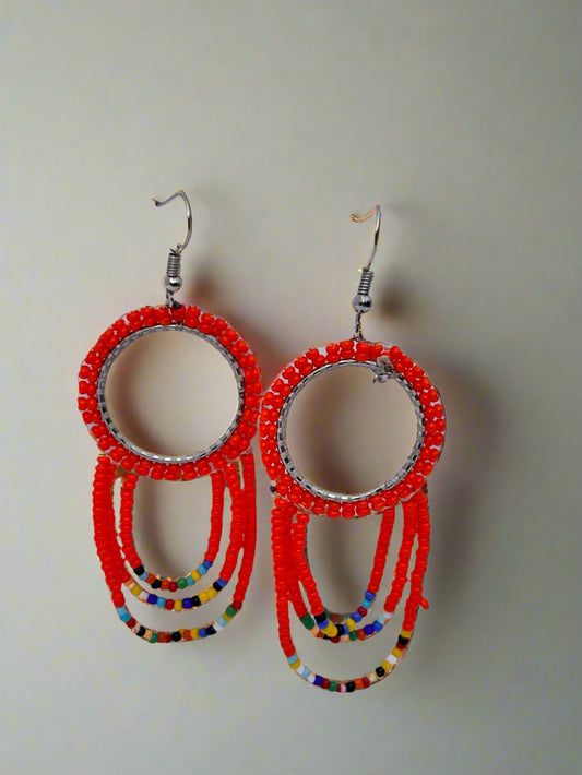 Orange Beaded Hoop Earrings | Multicolor Seed Bead Jewelry | DOLA Soft