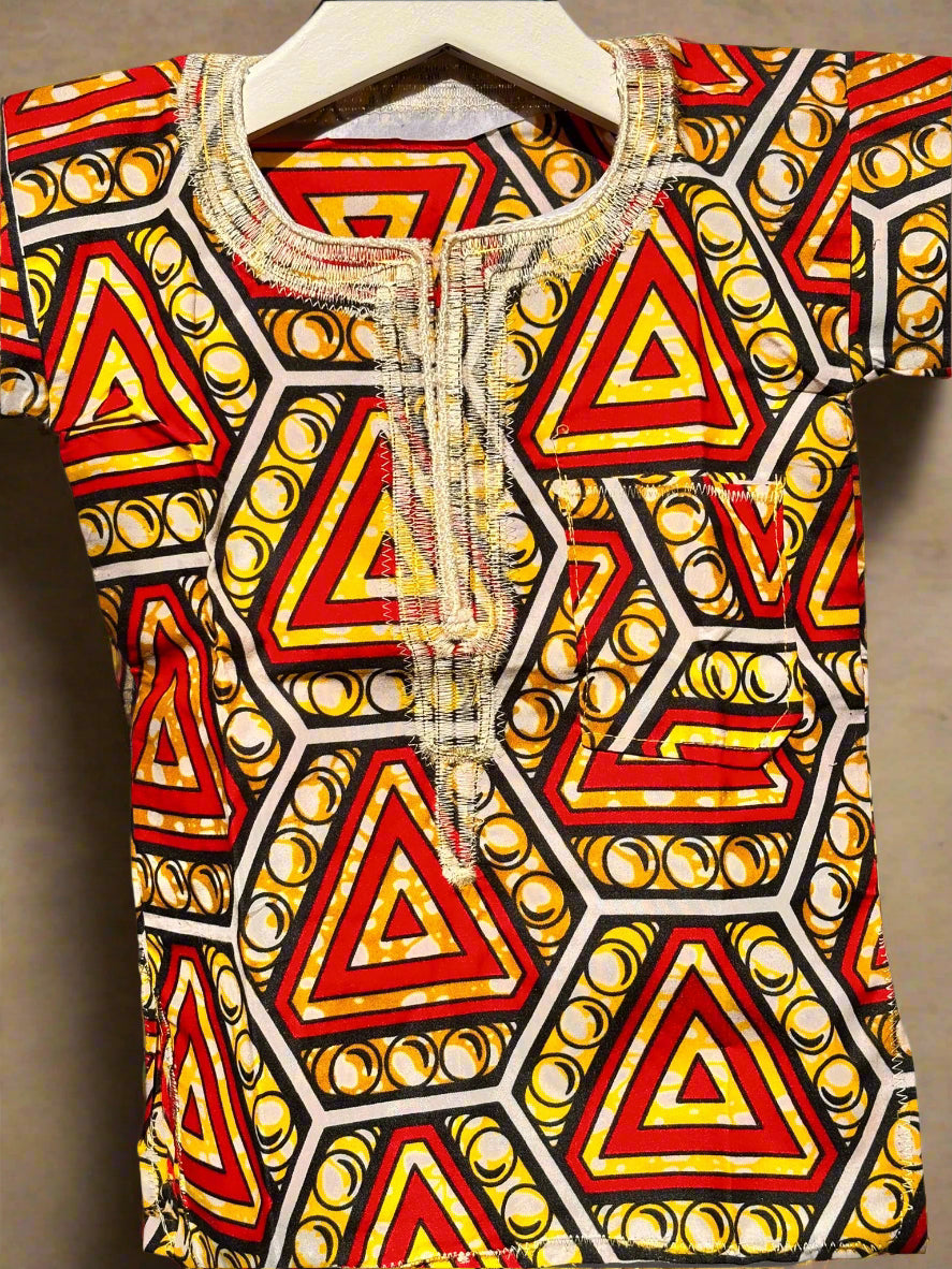 Boys African Ankara Set | Red & Yellow Geometric Print Kidswear