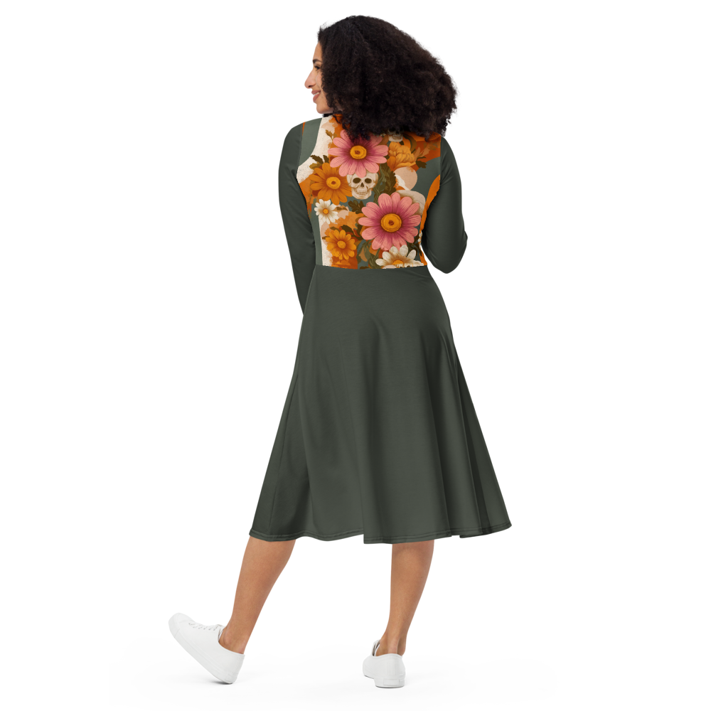 Flowers & Skulls Midi Dress – Gothic Floral Print | Women’s Casual Dress | DOLA Soft