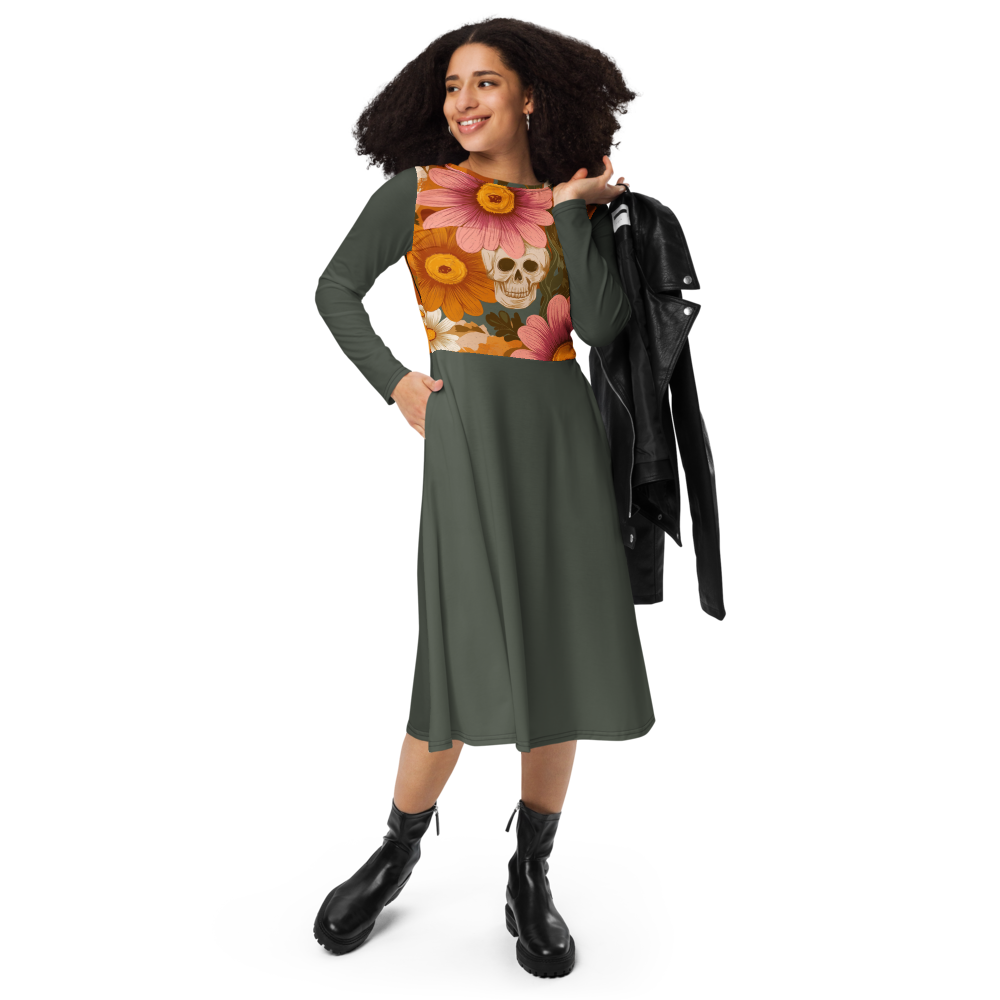 Flowers & Skulls Midi Dress – Gothic Floral Print | Women’s Casual Dress | DOLA Soft