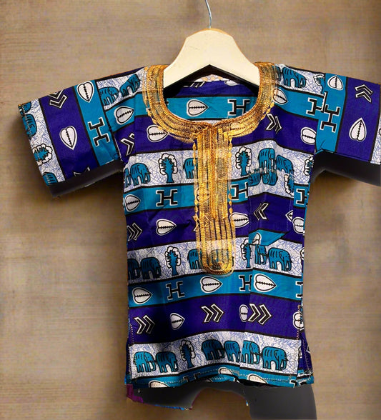Boys Blue African Print Shirt | Ankara Kidswear with Golden Embroidery