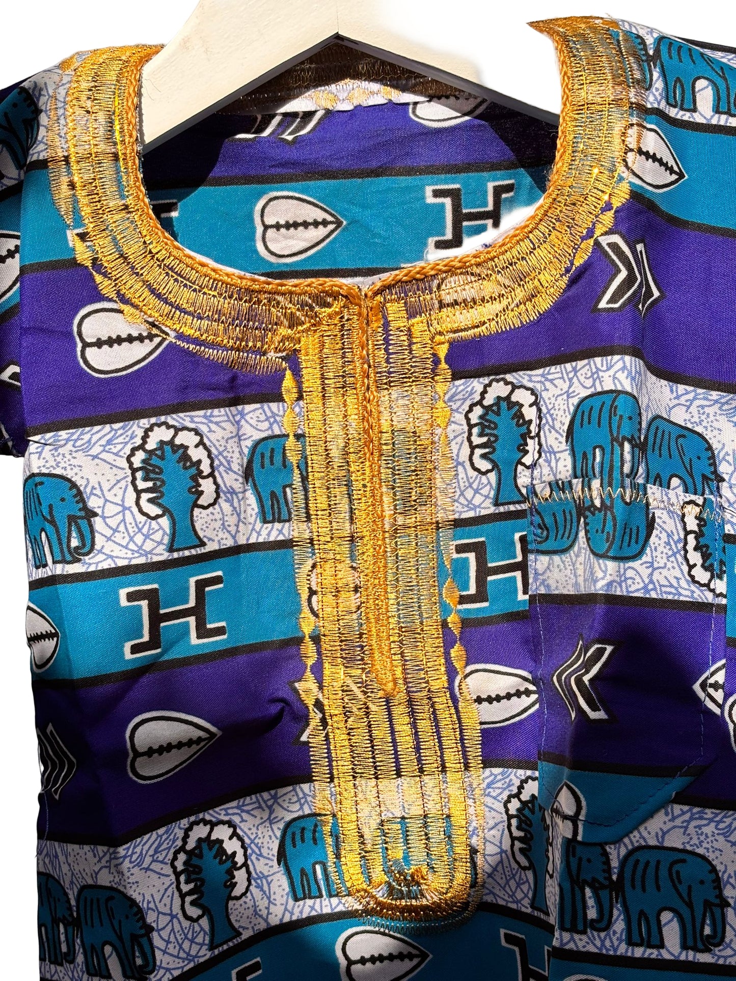 Boys Blue African Print Shirt | Ankara Kidswear with Golden Embroidery