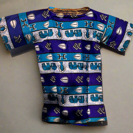 Boys Blue African Print Shirt | Ankara Kidswear with Golden Embroidery