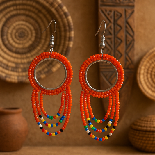 Orange Beaded Hoop Earrings | Multicolor Seed Bead Jewelry | DOLA Soft