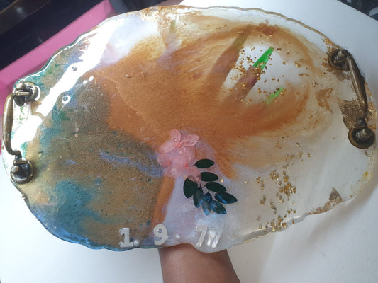 Custom Made Personalized Resin Art Tray With Vintage Handles (40th Wedding Anniversary Edition) by DOLA