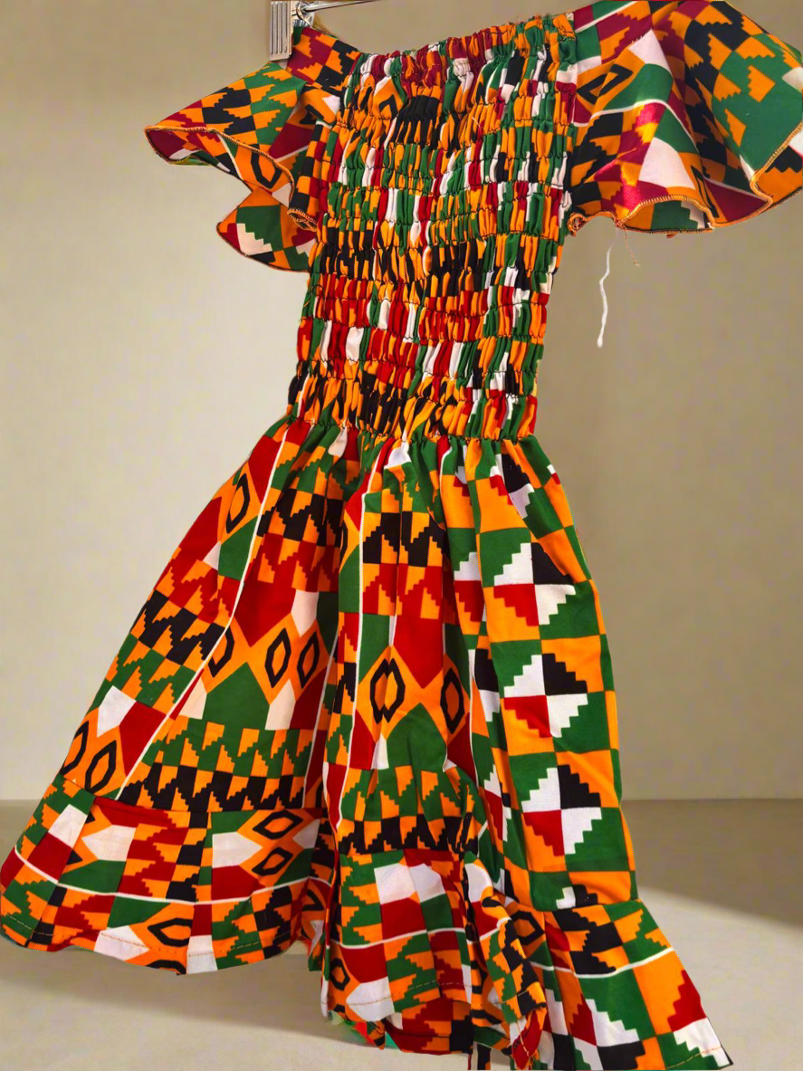 Kente Off-Shoulder Smocked Dress for Girls (Ages 3–5) | DOLA Soft
￼