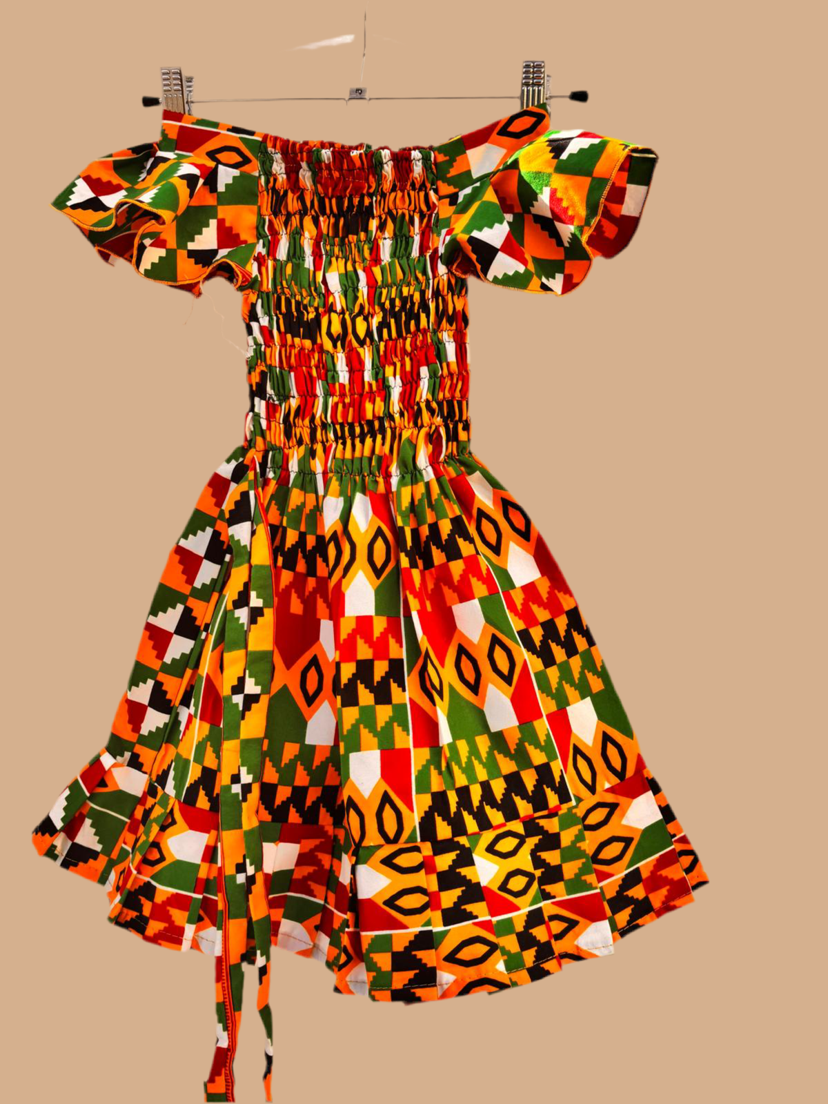 Kente Off-Shoulder Smocked Dress for Girls (Ages 3–5) | DOLA Soft
￼