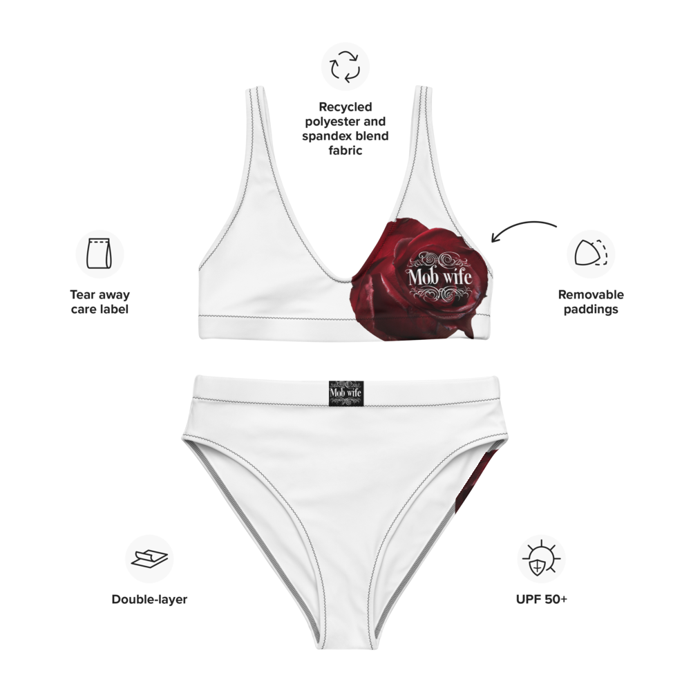 Rose on White Recycled High-Waisted Bikini – Sustainable Swimwear for Women | DOLA Soft