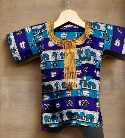 Boys Blue African Print Shirt | Ankara Kidswear with Golden Embroidery