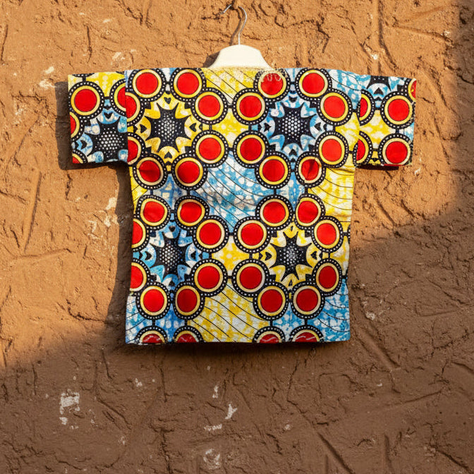 Boys African Ankara Two-Piece Set – Red & Yellow Booboo Shirt + Shorts | Ages 2–4 | DOLA Soft