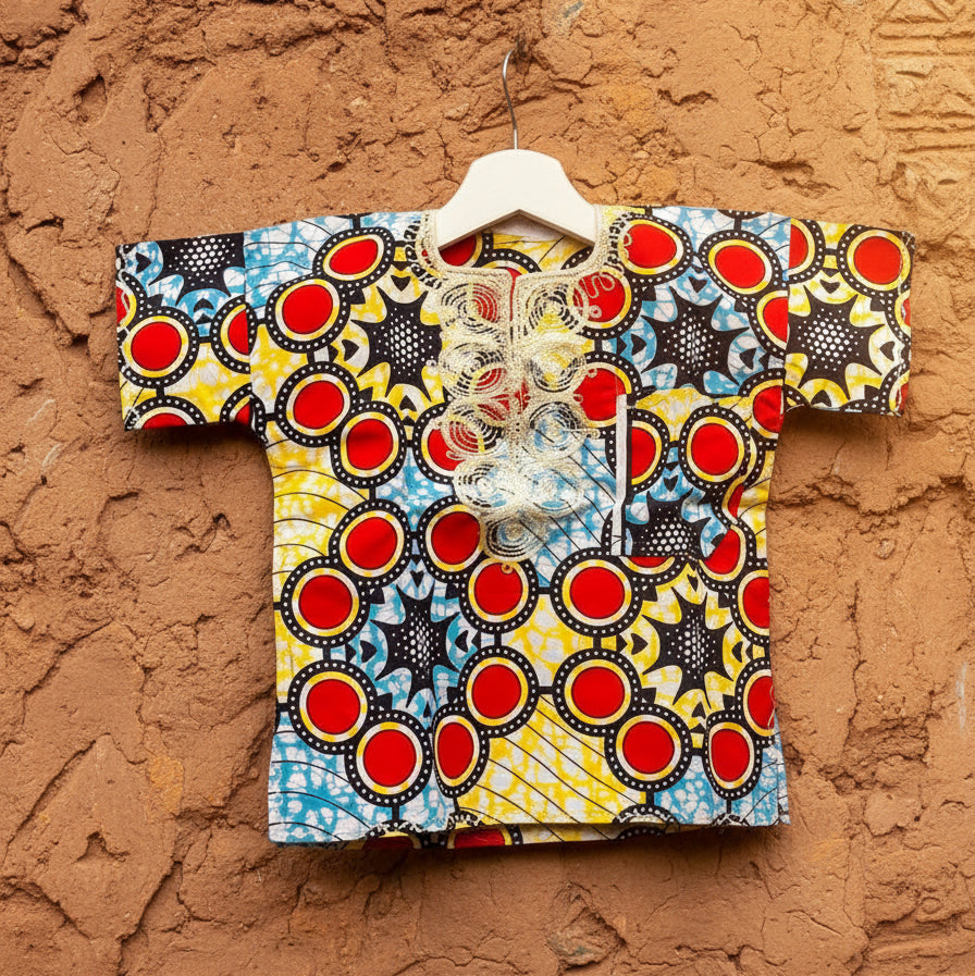 Boys African Ankara Two-Piece Set – Red & Yellow Booboo Shirt + Shorts | Ages 2–4 | DOLA Soft