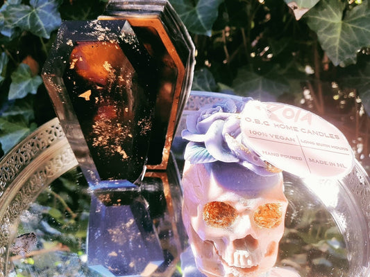 Coffin Shaped Resin Jewelry Box and Decorative Rose Skull Beeswax Candle Set by DOLA