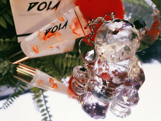 Cute Resin Teddy Bear Keychain with Faux Fur Pompom and Transparent Lipgloss by DOLA