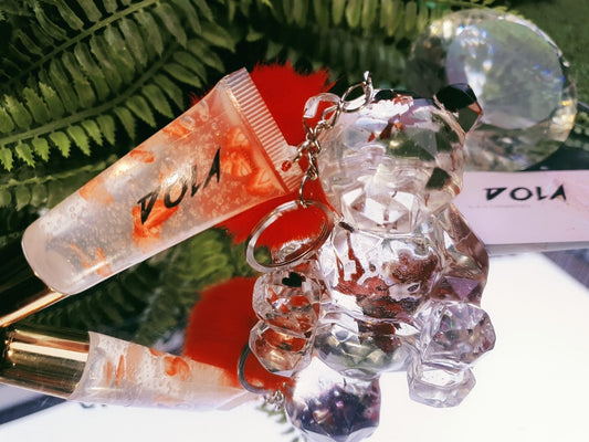 Cute Resin Teddy Bear Keychain with Faux Fur Pompom and Transparent Lipgloss by DOLA