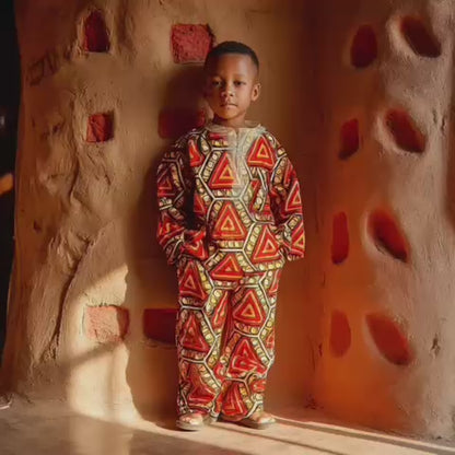 Boys African Ankara Set | Red & Yellow Geometric Print Kidswear