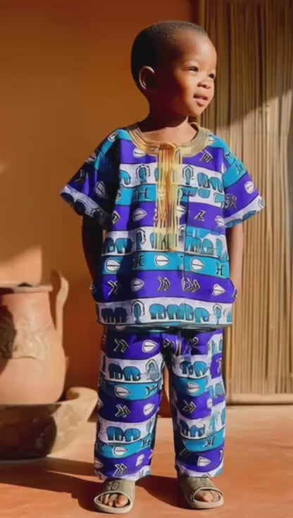 Boys Blue African Print Shirt | Ankara Kidswear with Golden Embroidery