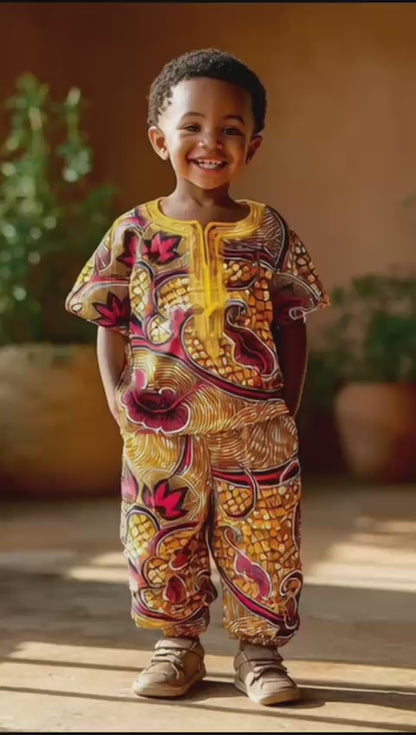 Boys African Ankara Two-Piece Set – Orange Booboo Shirt & Shorts | Ages 2–4 | DOLA Soft