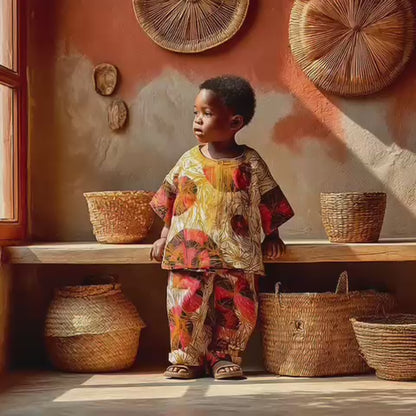 Boys African Ankara Two-Piece Set – Orange Booboo Shirt & Shorts | Ages 2–4 | DOLA Soft