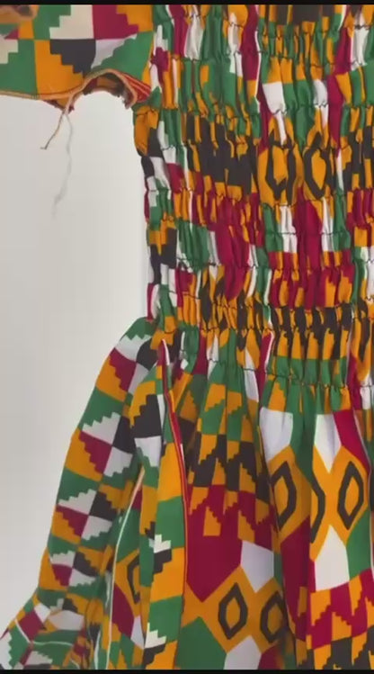 Kente Off-Shoulder Smocked Dress for Girls (Ages 3–5) | DOLA Soft
￼